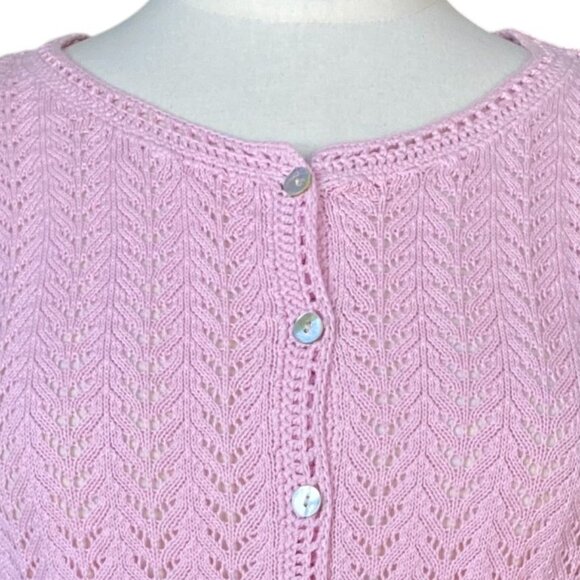 LL Bean Linen Blend Pointelle Knit Cardigan Pink Shell Buttons Cottagecore-M - Picture 3 of 11